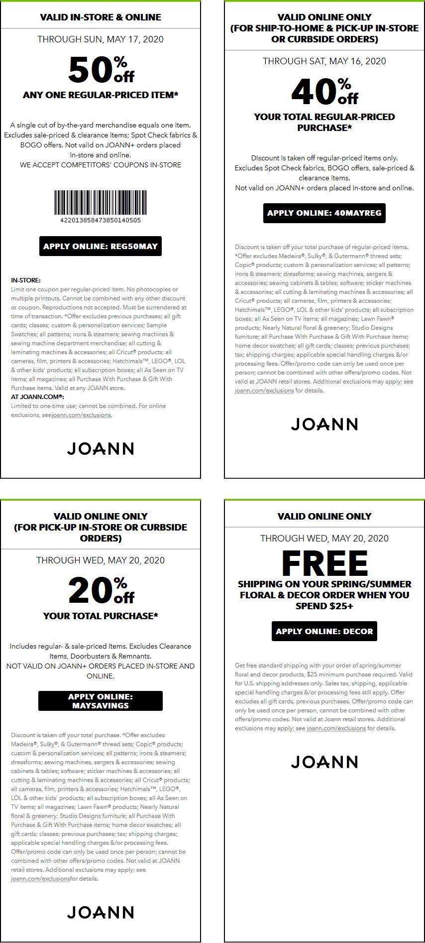 Joann stores Coupon  50% off a single item & 40% off everything else at Joann via promo code REG50MAY & 40MAYREG #joann