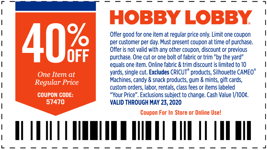 Hobby Lobby stores Coupon  40% off a single item at Hobby Lobby, or online via promo code 57470 #hobbylobby