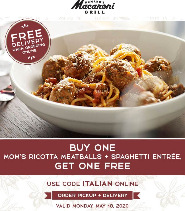 Macaroni Grill restaurants Coupon  Second spaghetti & ricotta meatballs free today at Macaroni Grill #macaronigrill