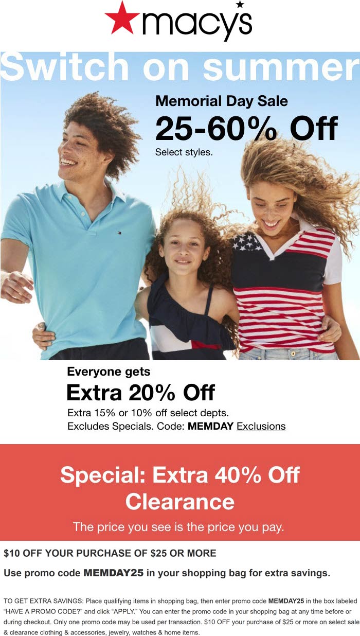 Macys stores Coupon  Extra 20% off at Macys, or online via promo code MEMDAY or MEMDAY25 #macys