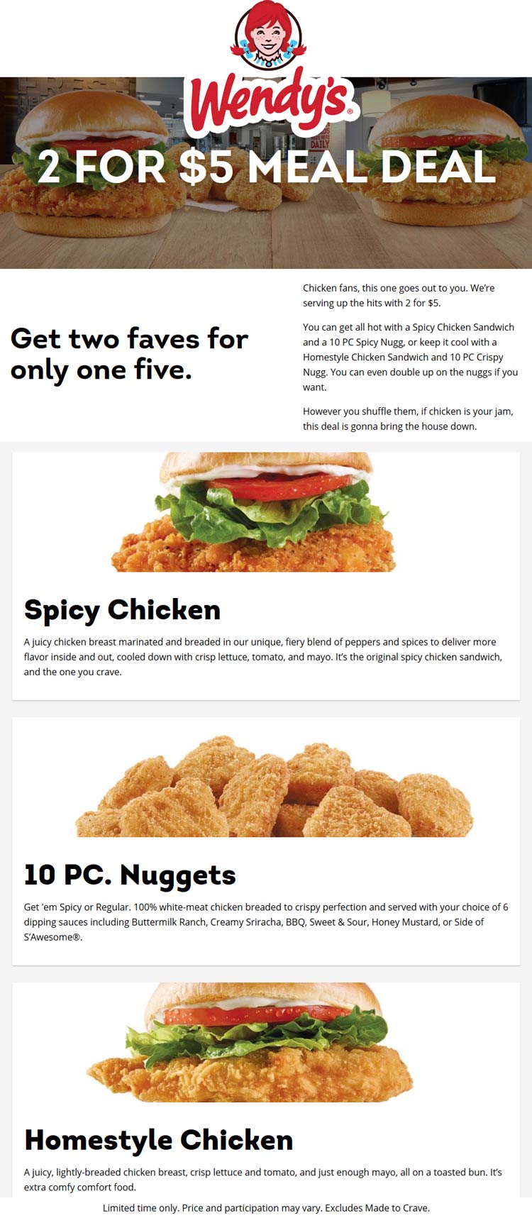 Wendys restaurants Coupon  2 chicken sandwiches or 10pc nuggets = $5 at Wendys #wendys