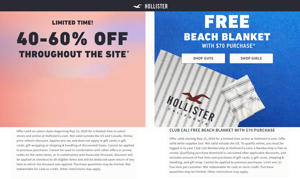 Hollister stores Coupon  40-60% off at Hollister + free beach blanket with $70 spent #hollister