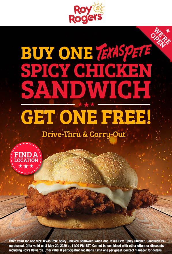 Roy Rogers restaurants Coupon  Second spicy chicken sandwich free today at Roy Rogers #royrogers