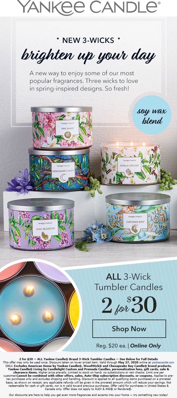 Yankee Candle stores Coupon  Two 3-wick candles = $30 at Yankee Candle #yankeecandle