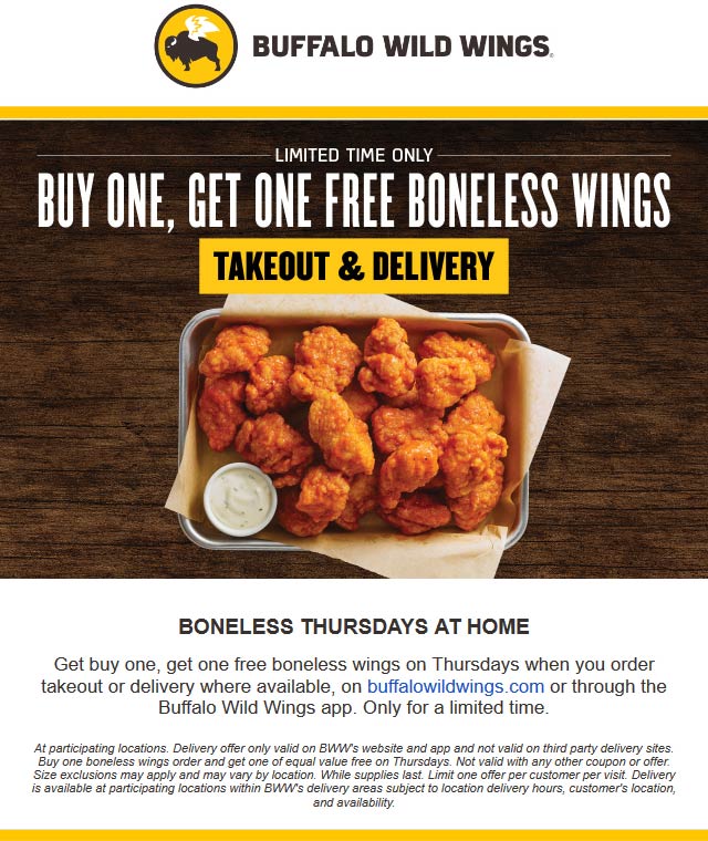 Buffalo Wild Wings restaurants Coupon  Second boneless wings free today at Buffalo Wild Wings restaurants #buffalowildwings