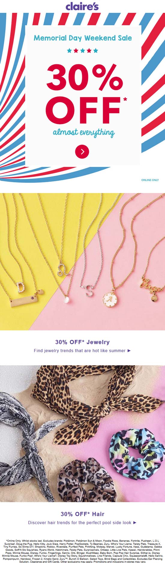 Claires stores Coupon  30% off at Claires accessories #claires
