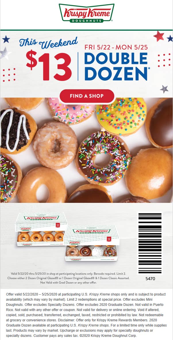 Krispy Kreme restaurants Coupon  2 dozen doughnuts for $13 at Krispy Kreme donuts #krispykreme