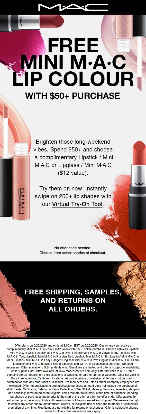 Free 12 lip color with 50 spent at MAC Cosmetics mac The Coupons App®