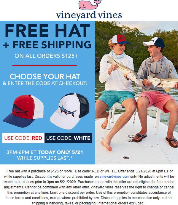 Vineyard Vines stores Coupon  Free hat on $125 today at Vineyard Vines via promo code RED or WHITE #vineyardvines