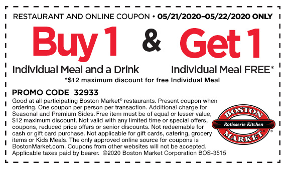 Boston Market restaurants Coupon  Second meal free today at Boston Market #bostonmarket