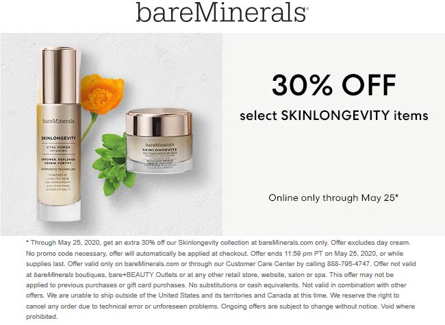 bareMinerals stores Coupon  Extra 30% off skinlongevity items online at bareMinerals #bareminerals