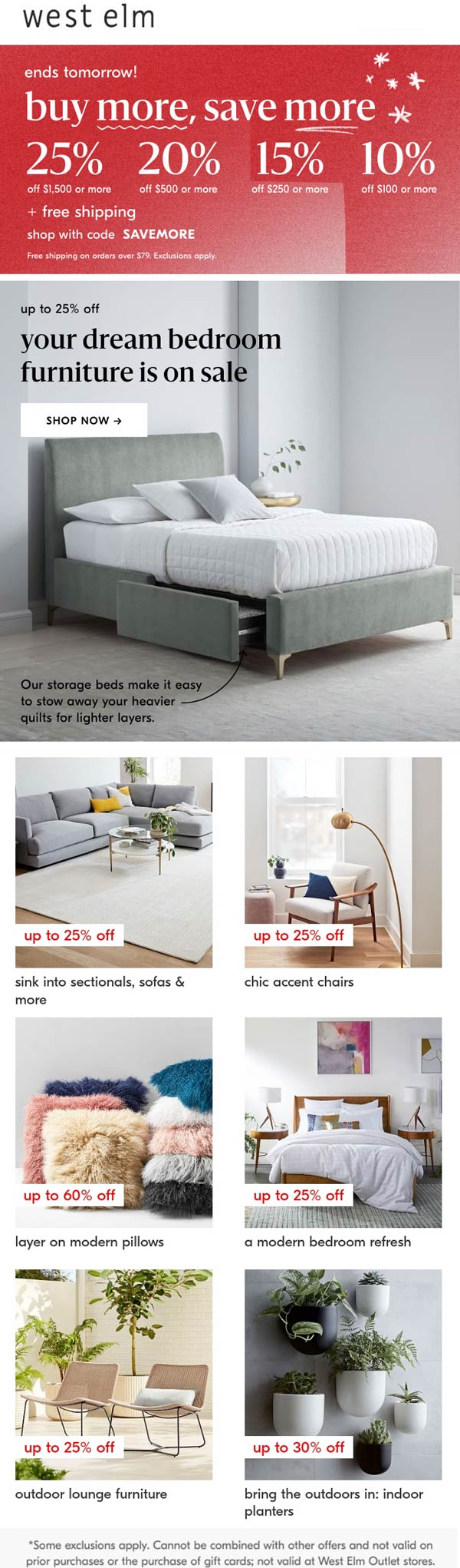 West Elm stores Coupon  10-25% off furniture at West Elm via promo code SAVEMORE #westelm