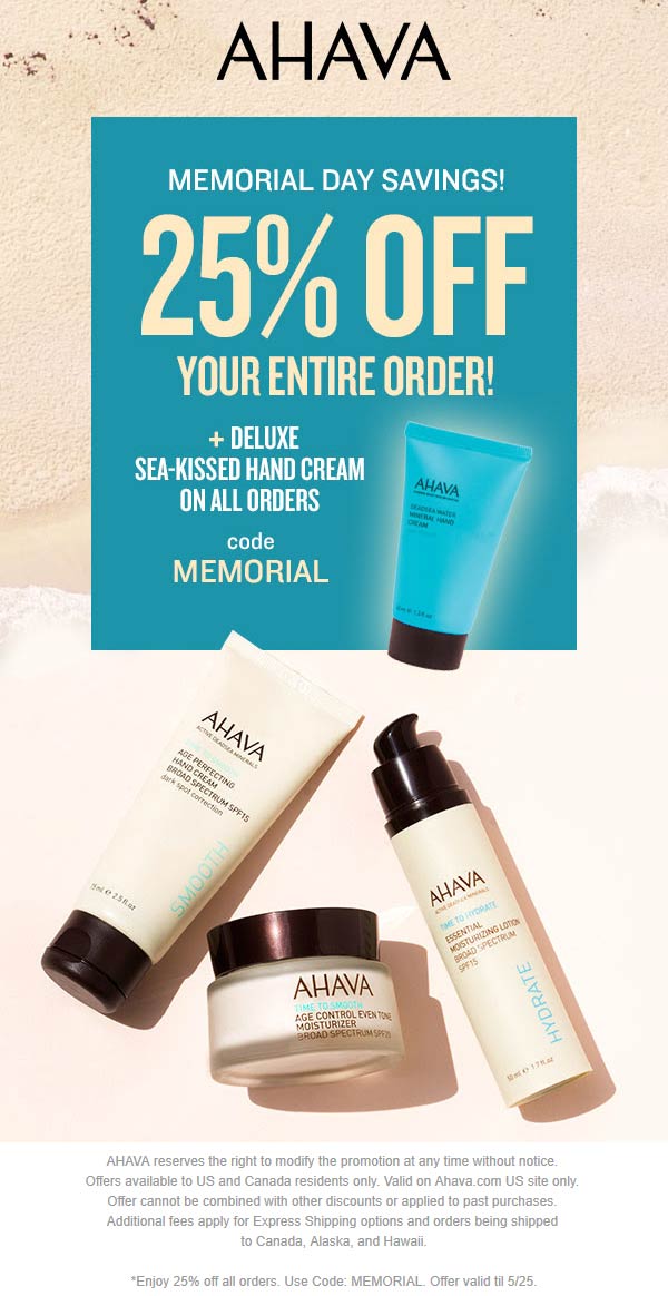 June 2021 25 Off Everything Today At AHAVA Via Promo Code MEMORIAL 