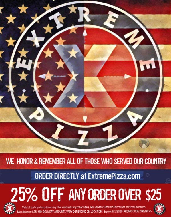 Extreme Pizza stores Coupon  25% off $25+ at Extreme Pizza via promo code XTREME25 #extremepizza