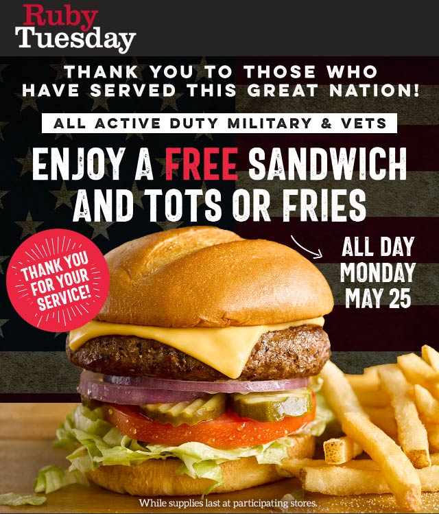 Ruby Tuesday restaurants Coupon  Military & vets enjoy a free burger + fries today at Ruby Tuesday #rubytuesday