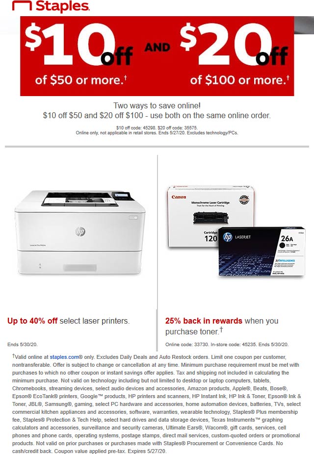 Staples stores Coupon  $10 off $50 & more at Staples via promo code 45298 #staples