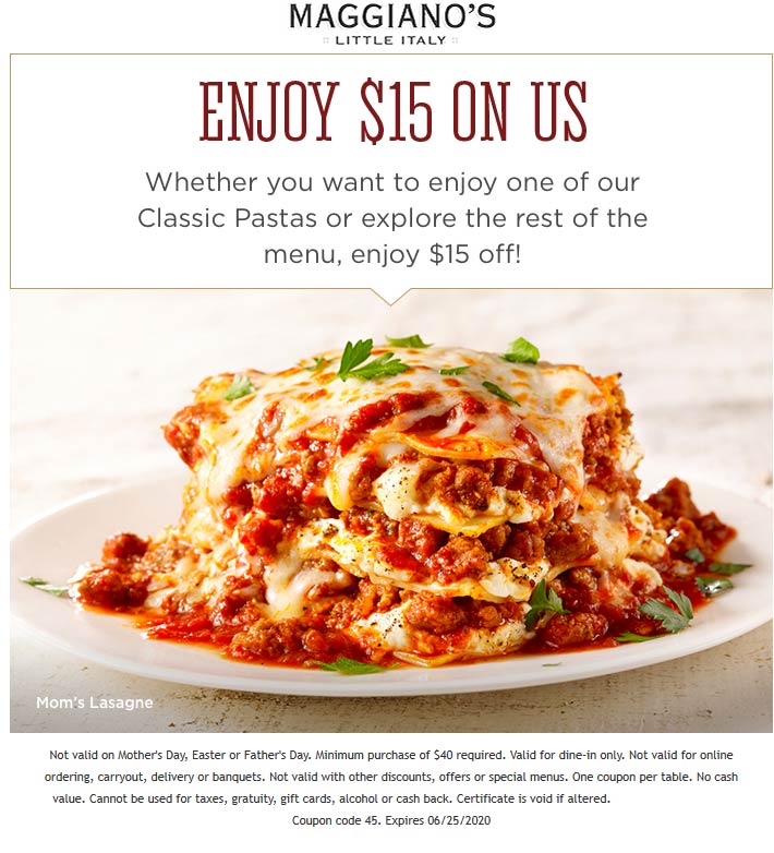 Maggianos Little Italy restaurants Coupon  $15 off $40 at Maggianos Little Italy restaurants #maggianoslittleitaly