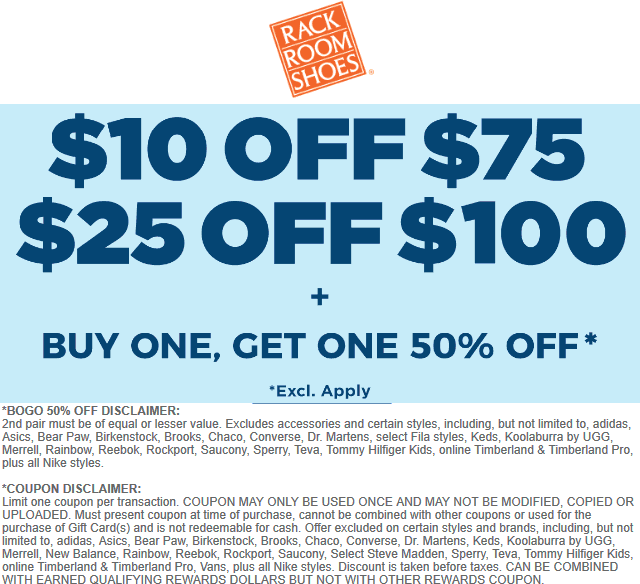 Rack Room Shoes stores Coupon  $10-$25 off $75+ & second pair 50% off at Rack Room Shoes #rackroomshoes