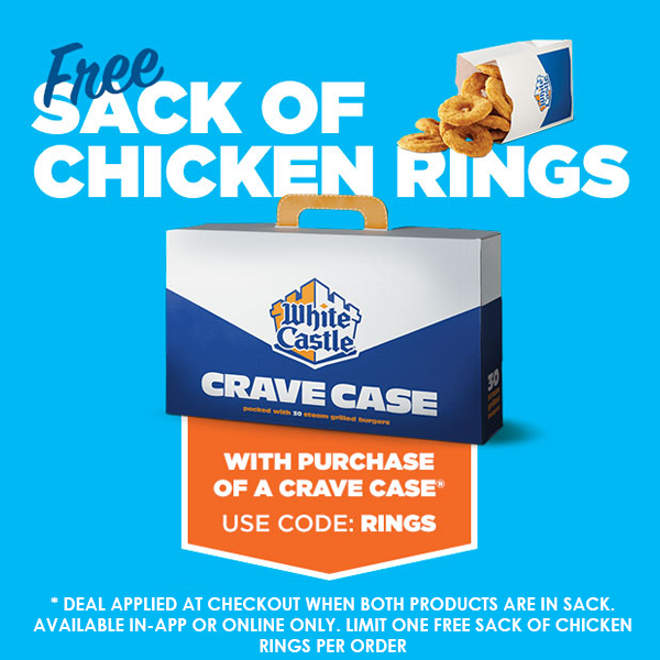 White Castle restaurants Coupon  Free sack of chicken wings with your crave case at White Castle via promo code RINGS #whitecastle
