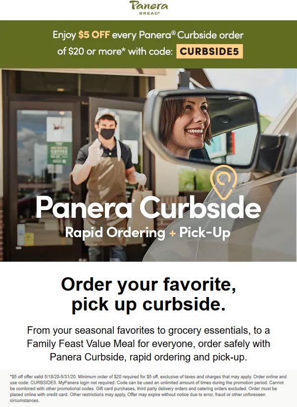 Panera Bread restaurants Coupon  $5 off $20 at Panera Bread restaurants via promo code CURBSIDE5 #panerabread