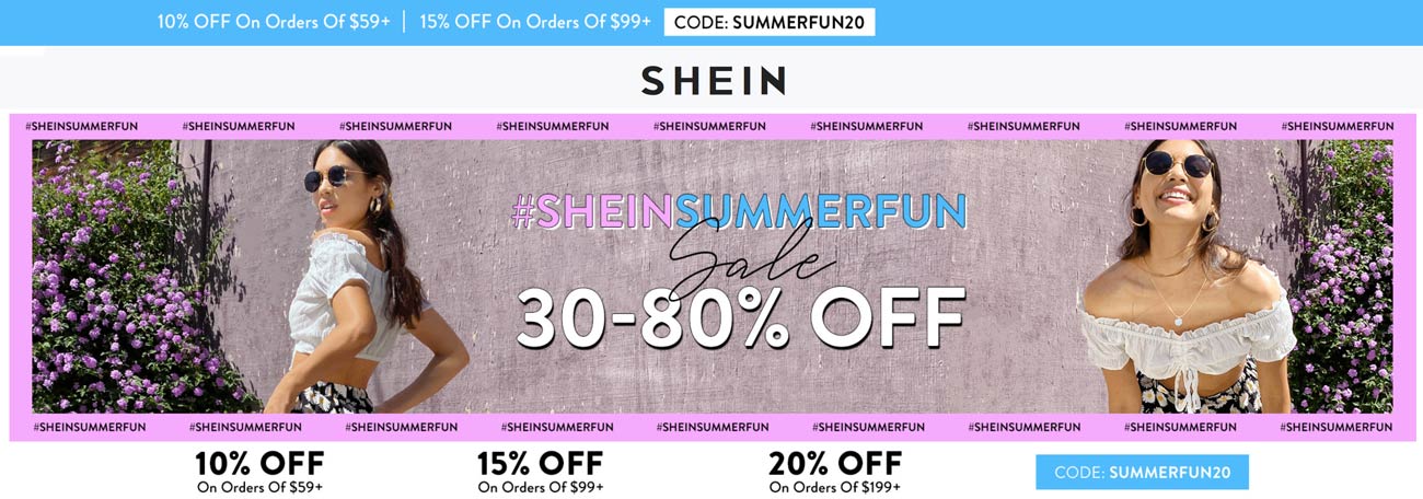 SHEIN stores Coupon  10-20% off $59+ today at SHEIN via promo code SUMMERFUN20 #shein