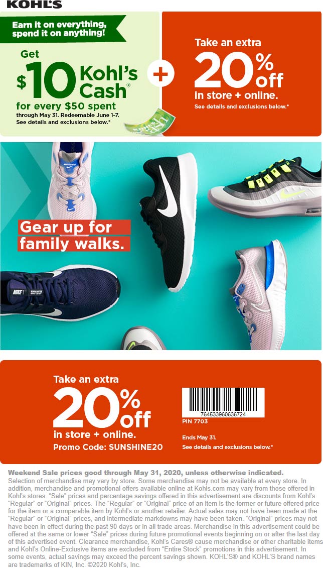 20 off at Kohls, or online via promo code SUNSHINE20 kohls The