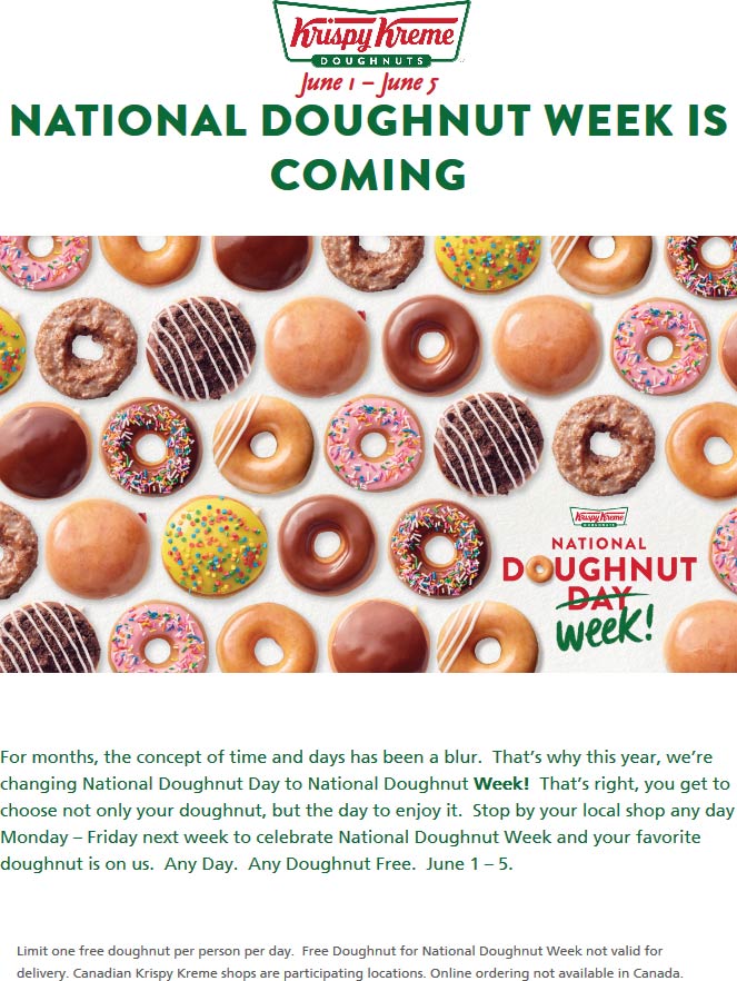 Krispy Kreme restaurants Coupon  Free doughnut each day all week at Krispy Kreme #krispykreme