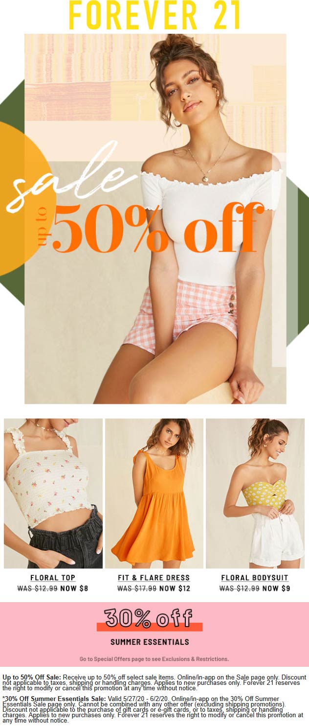 Forever 21 stores Coupon  30-50% off summer at Forever 21 #forever21