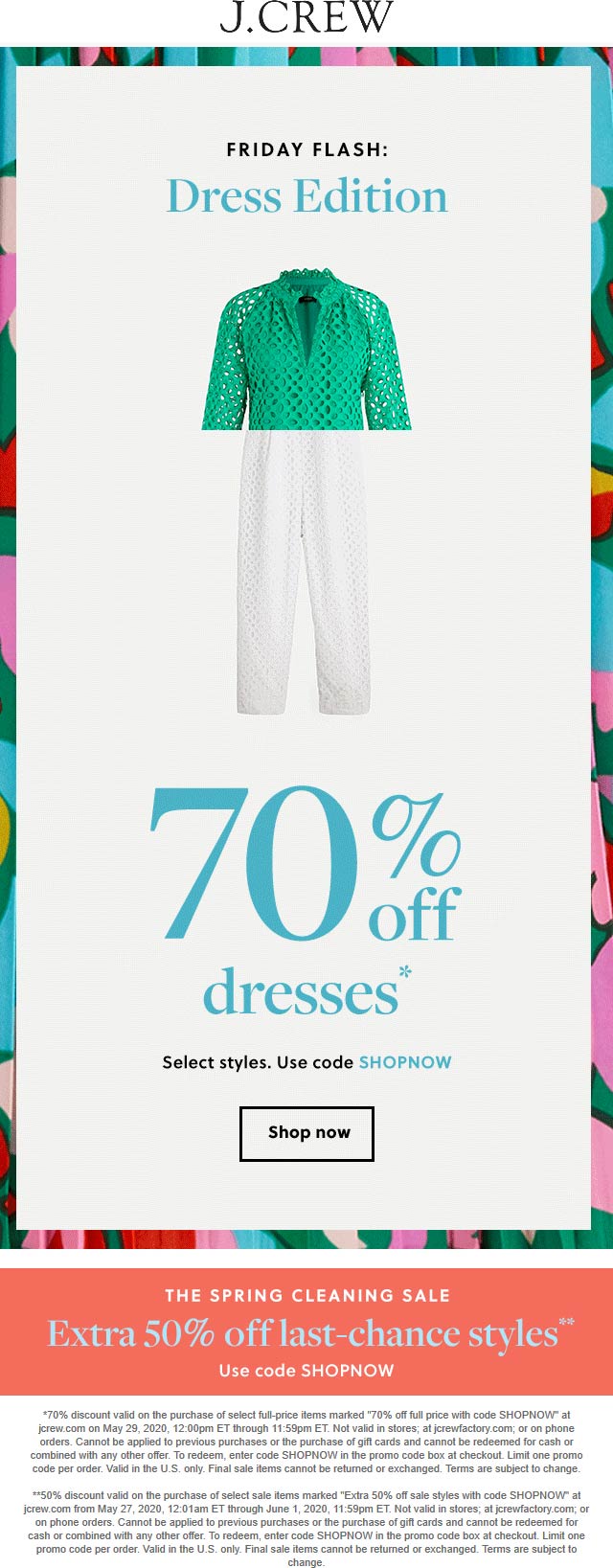 70 off dresses today at J.Crew via promo code SHOPNOW jcrew The