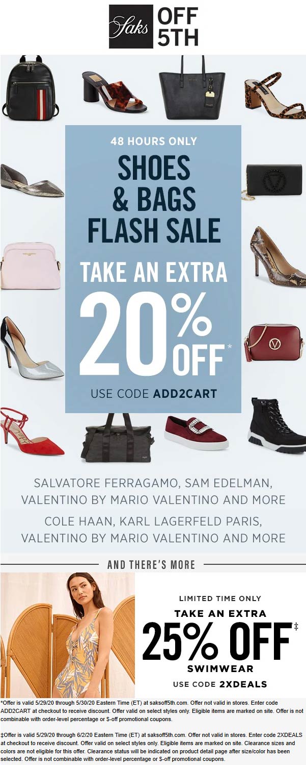 OFF 5TH stores Coupon  Extra 20% off bags & shoes at Saks OFF 5TH via promo code ADD2CART #off5th