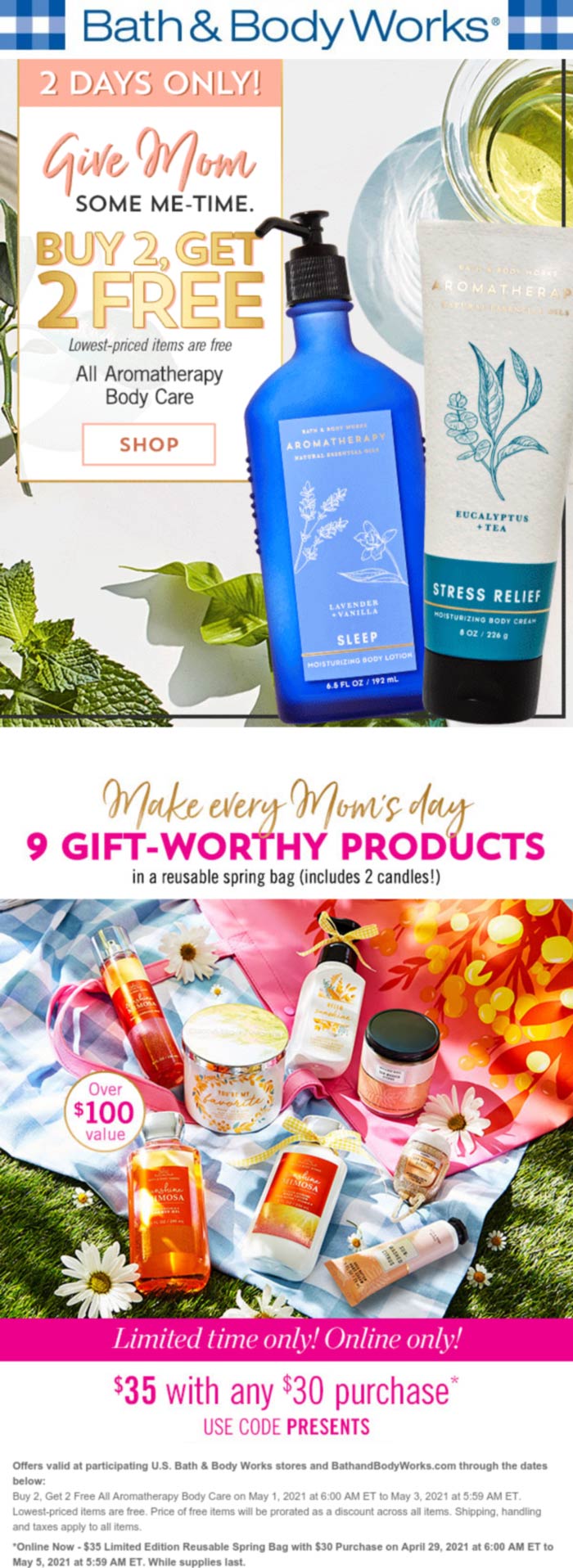 Bath & Body Works stores Coupon  4-for-2 on body care & more at Bath & Body Works, ditto online #bathbodyworks 
