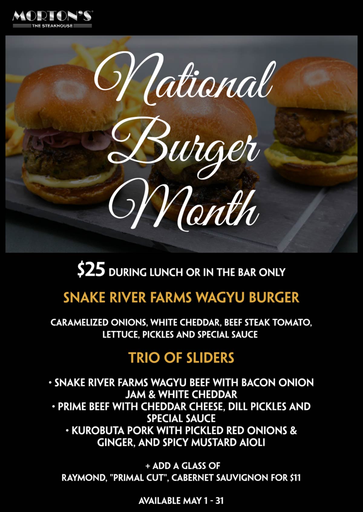 Mortons restaurants Coupon  $25 wagyu cheeseburger all month in bar or at lunch at Mortons Steakhouse #mortons 