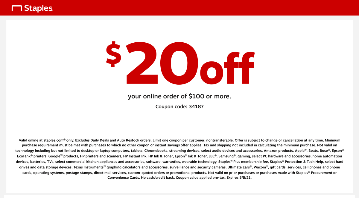 August 2022 20 Off 100 Online At Staples Via Promo Code 34187   August 2022 20 Off 100 Online At Staples Via Promo Code 34187