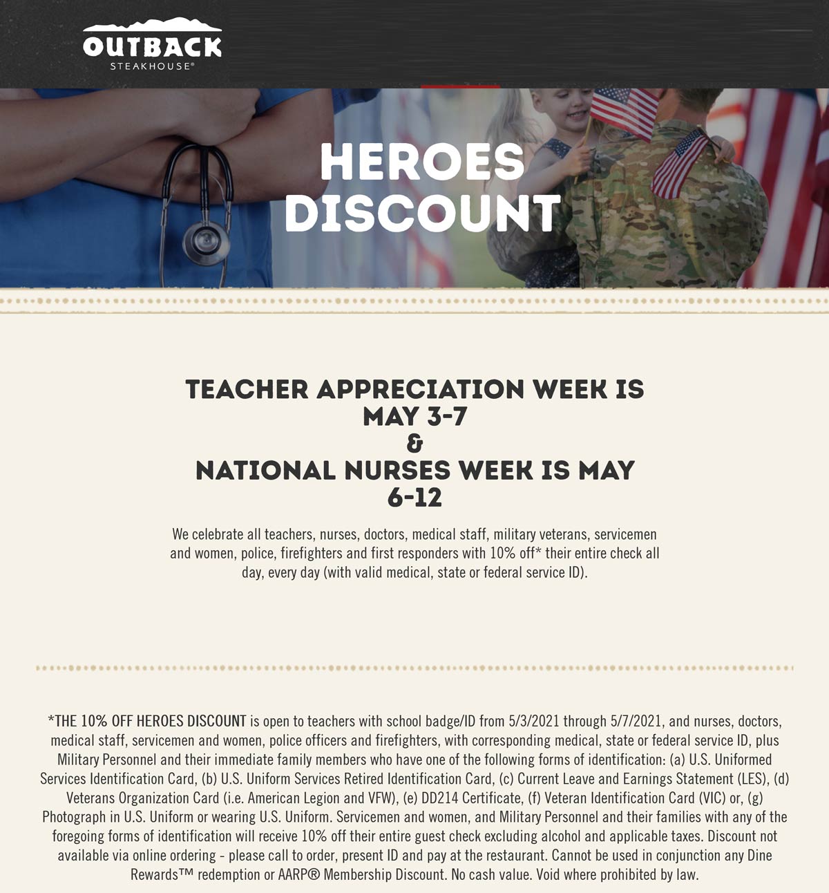 Outback Steakhouse restaurants Coupon  Teachers, military, first responders & medical staff enjoy 10% off at Outback Steakhouse restaurants #outbacksteakhouse 