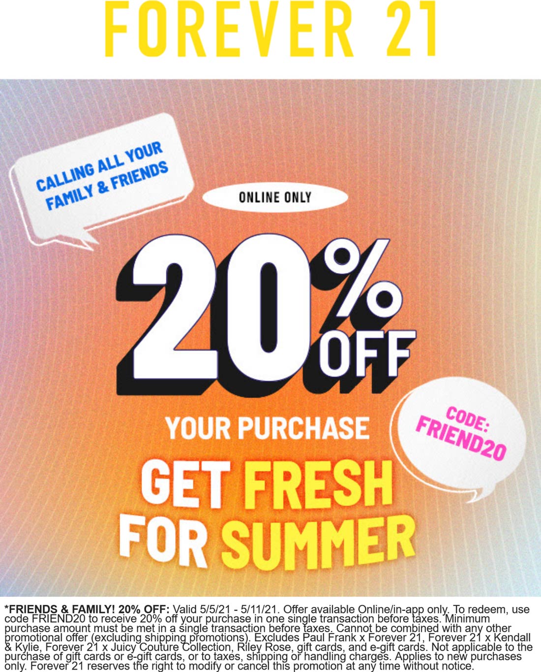 20% off online at Forever 21 via promo code FRIEND20 #forever21 The