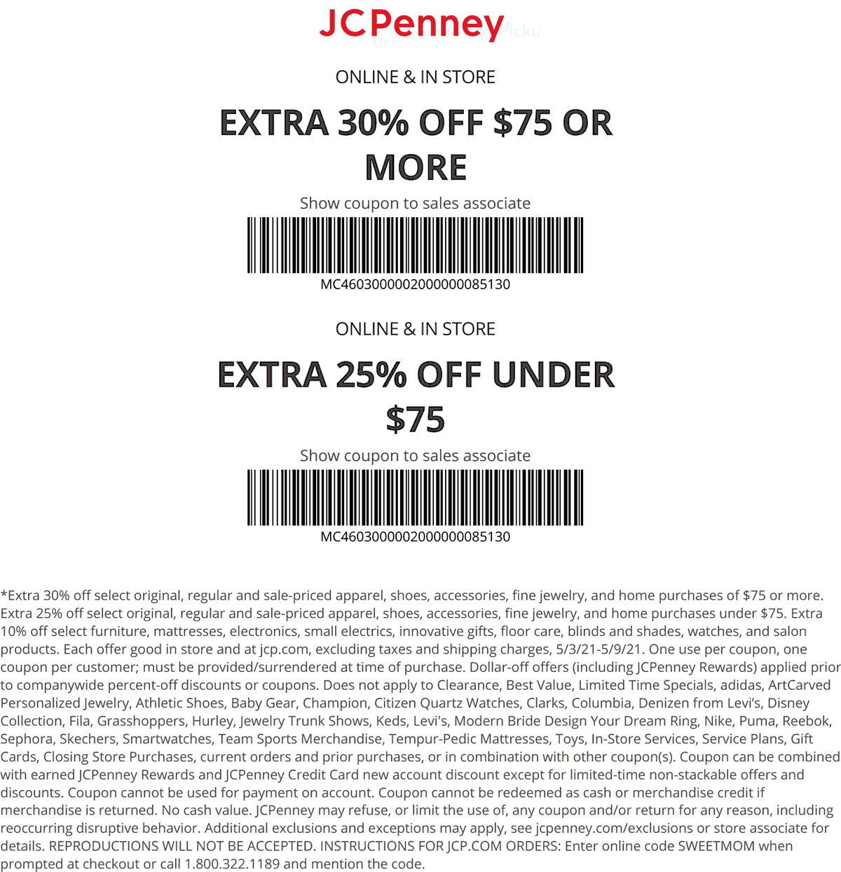 JCPenney stores Coupon  25-30% off at JCPenney, or online via promo code SWEETMOM #jcpenney 