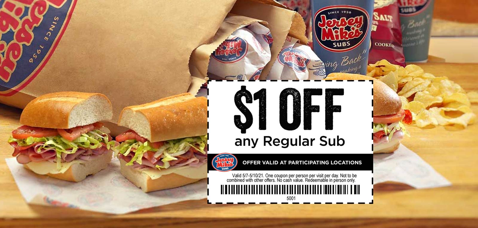 Jersey Mikes restaurants Coupon  $1 off any sub sandwich at Jersey Mikes, or online via promo code MOM #jerseymikes 