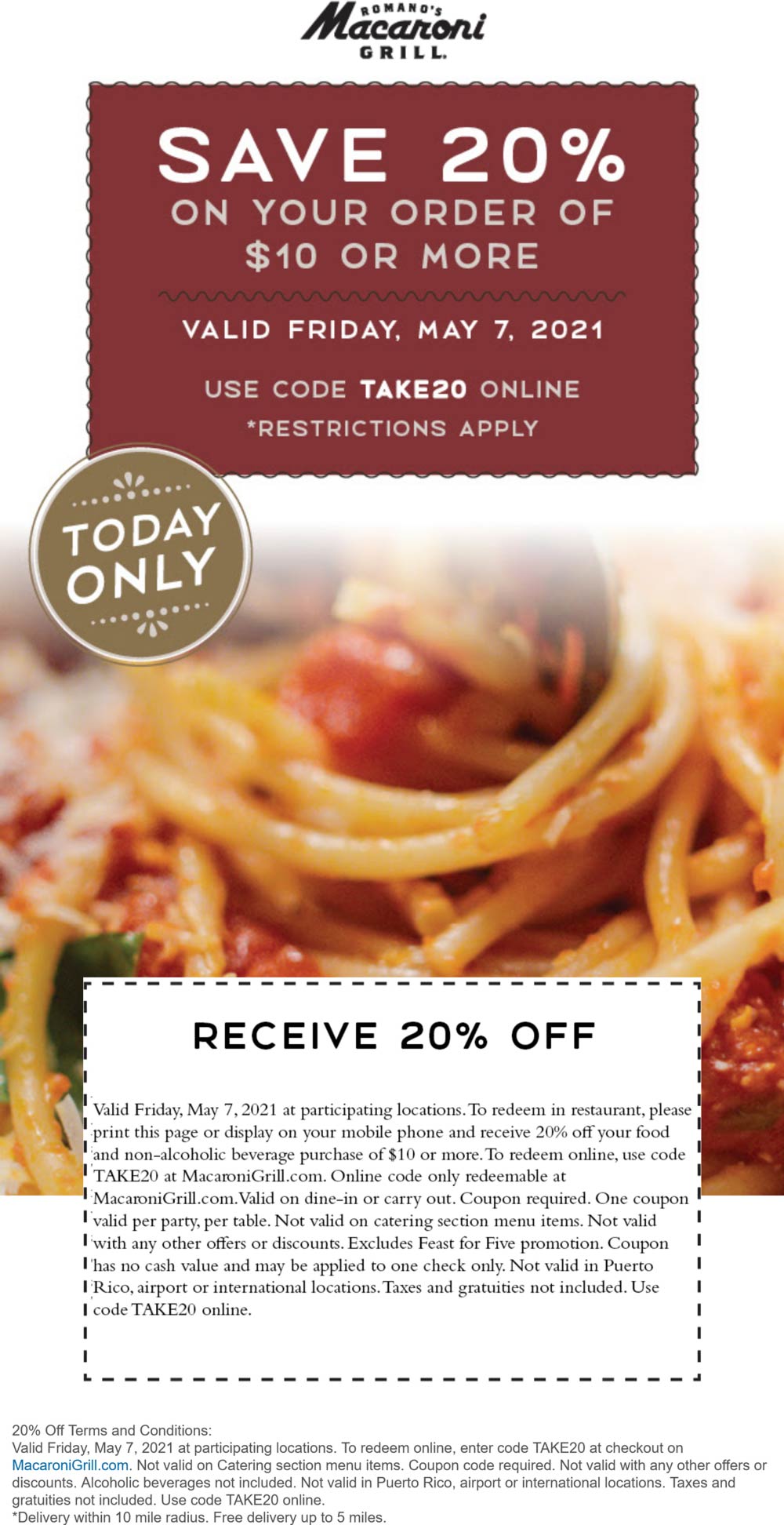 Macaroni Grill restaurants Coupon  20% off today at Macaroni Grill restaurants, or online via promo code TAKE20 #macaronigrill 