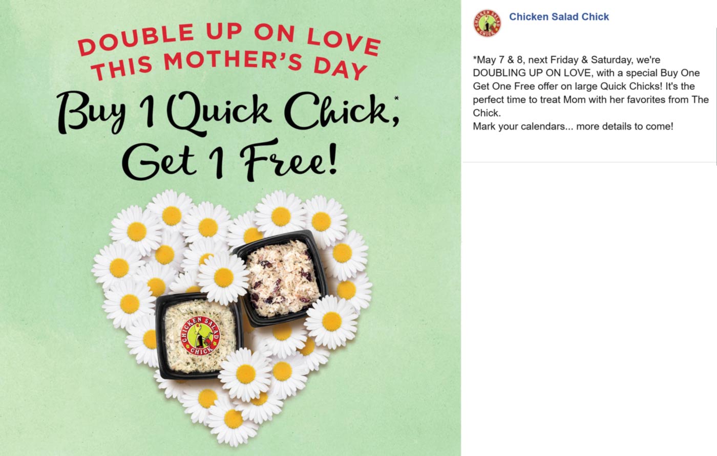 Second quick chick entree free today at Chicken Salad Chick restaurants chickensaladchick The