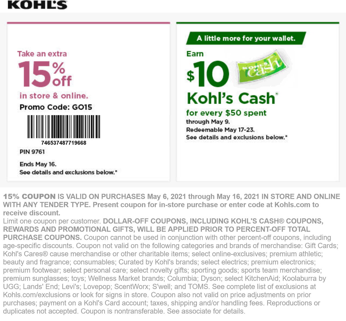 Kohls stores Coupon  15% off at Kohls, or online via promo code GO15 #kohls 
