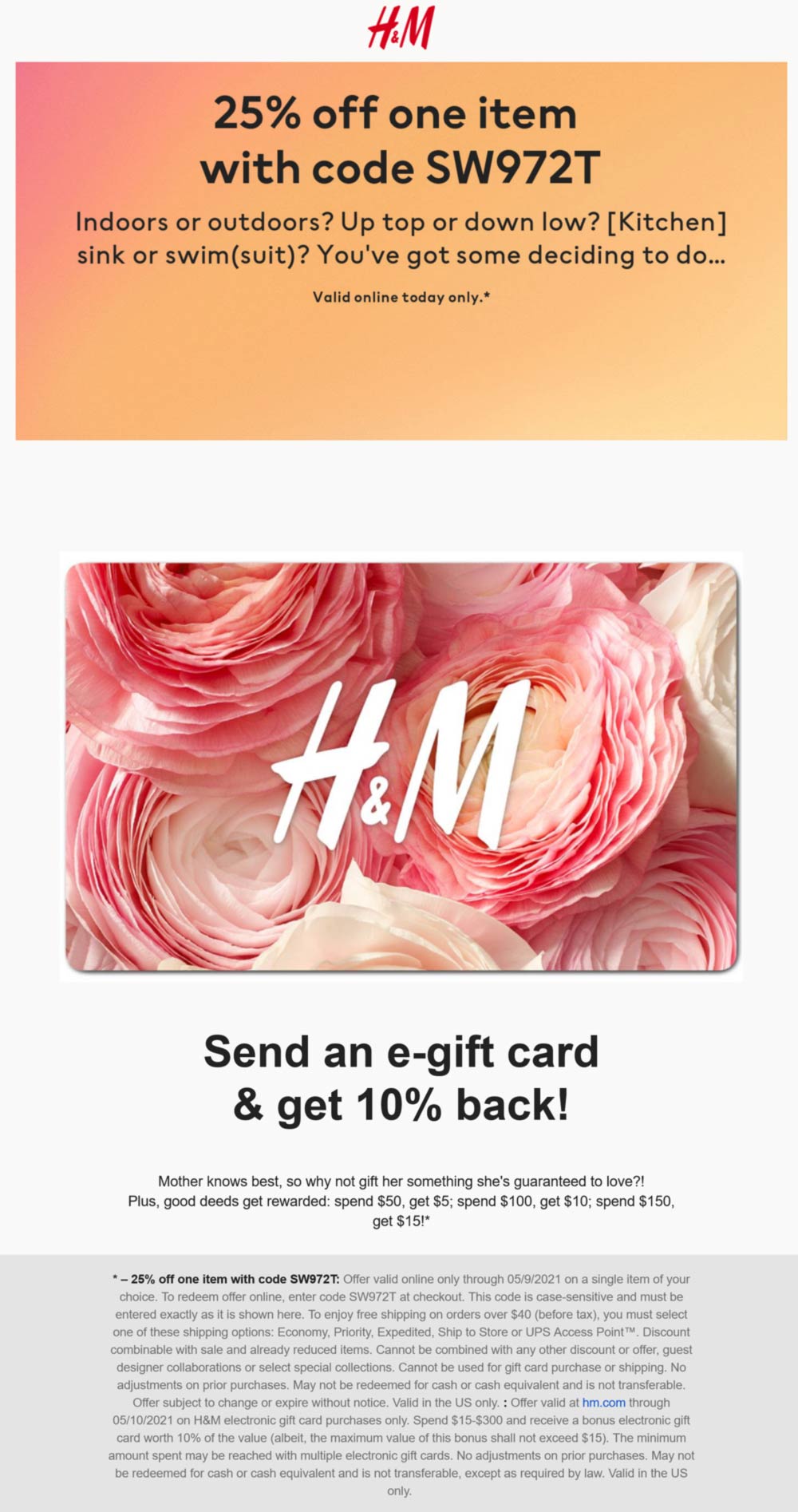 H&M stores Coupon  25% off a single item online today at H&M via promo code SW972T #hm 