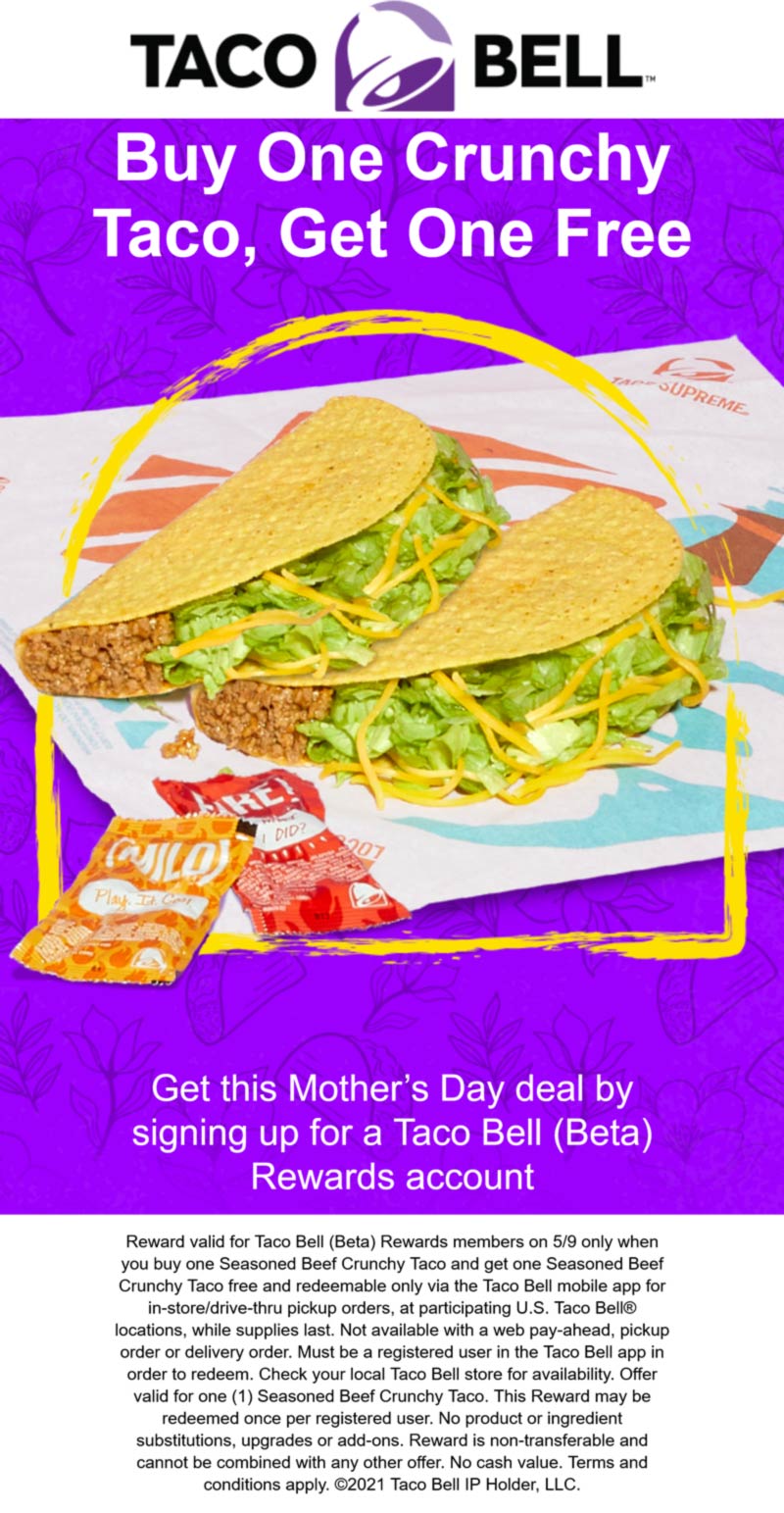 Taco Bell restaurants Coupon  Second taco free for rewards members today at Taco Bell #tacobell 