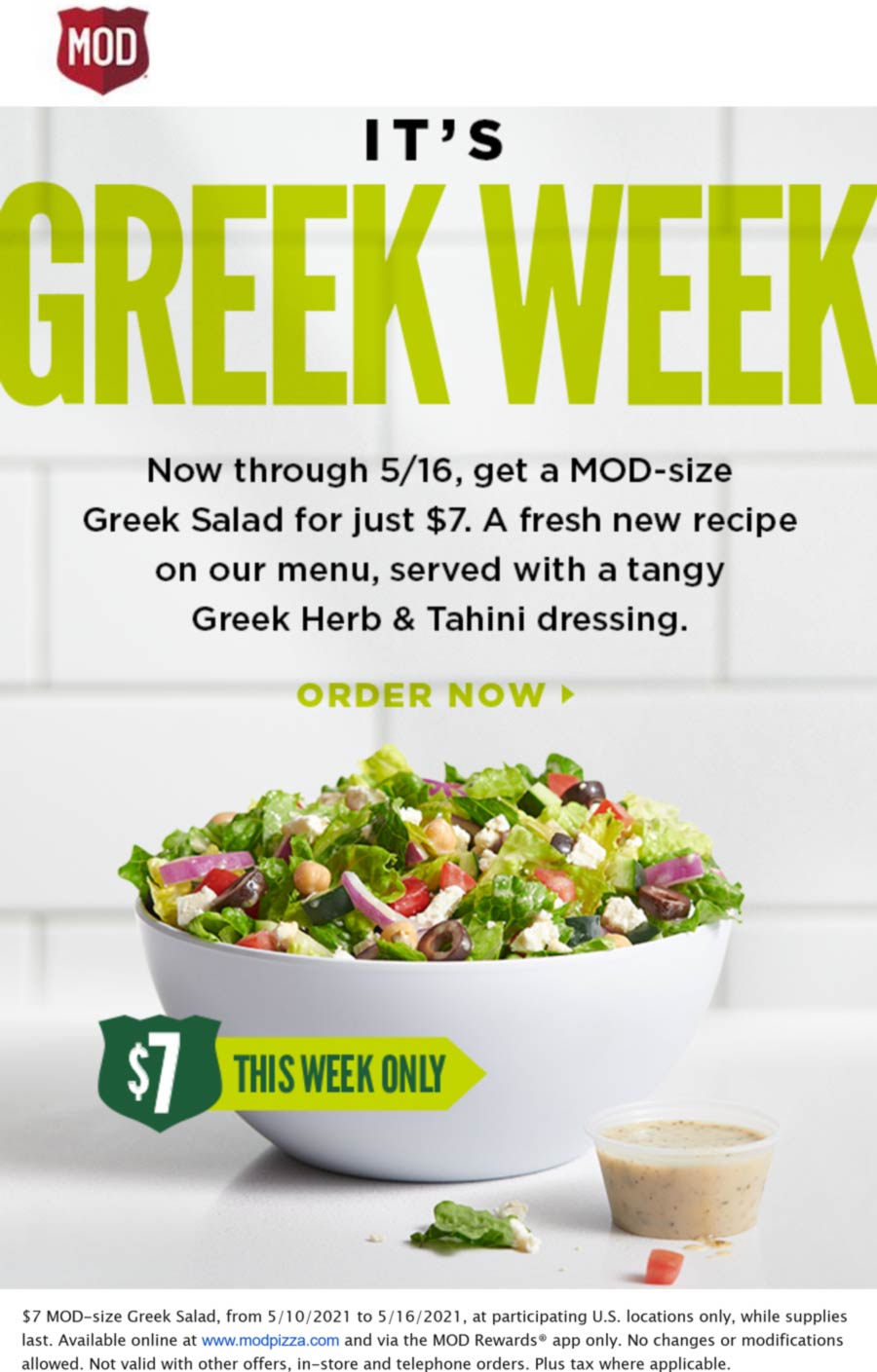 MOD restaurants Coupon  $7 Greek salad this week at MOD Pizza #mod 