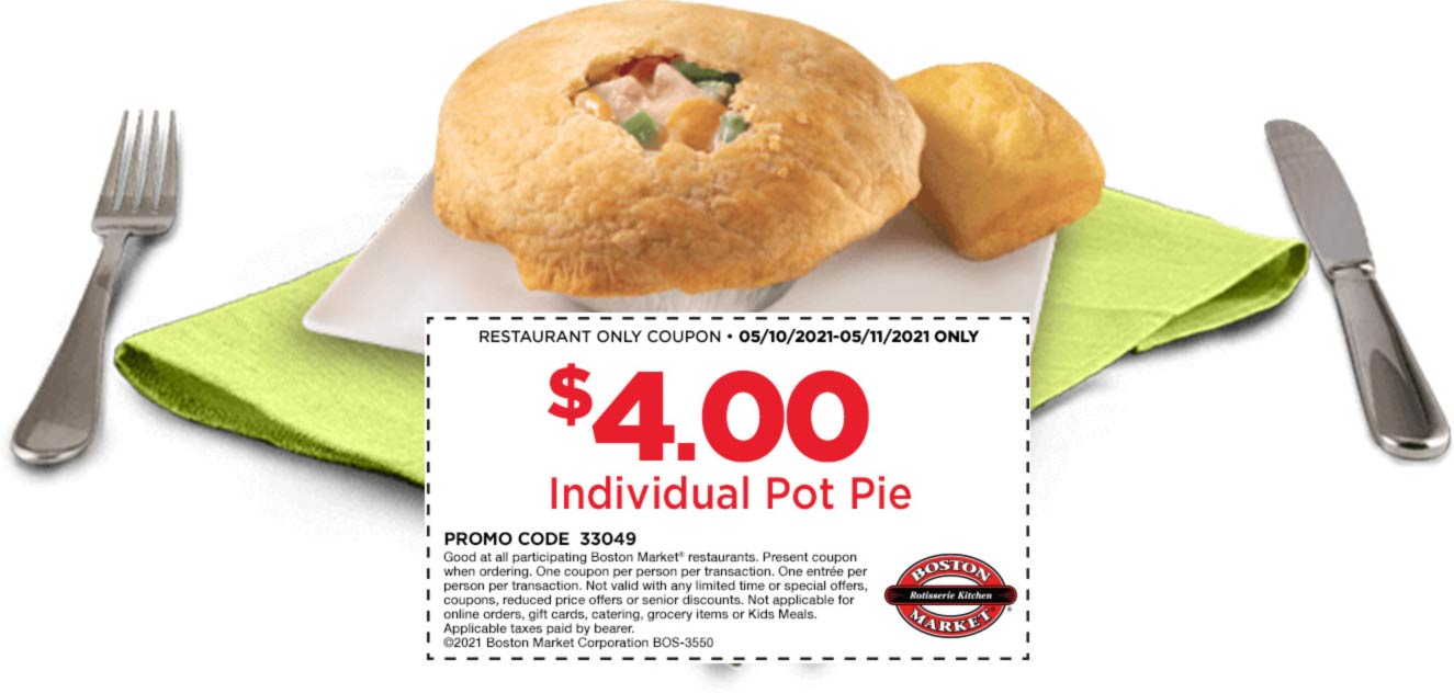 Boston Market restaurants Coupon  $4 pot pie today at Boston Market restaurants #bostonmarket 