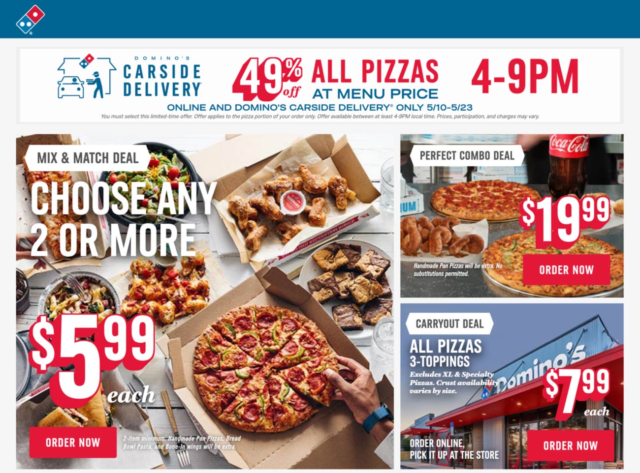 Dominos restaurants Coupon  49% off all carside pizzas 4-9p at Dominos pizza #dominos 