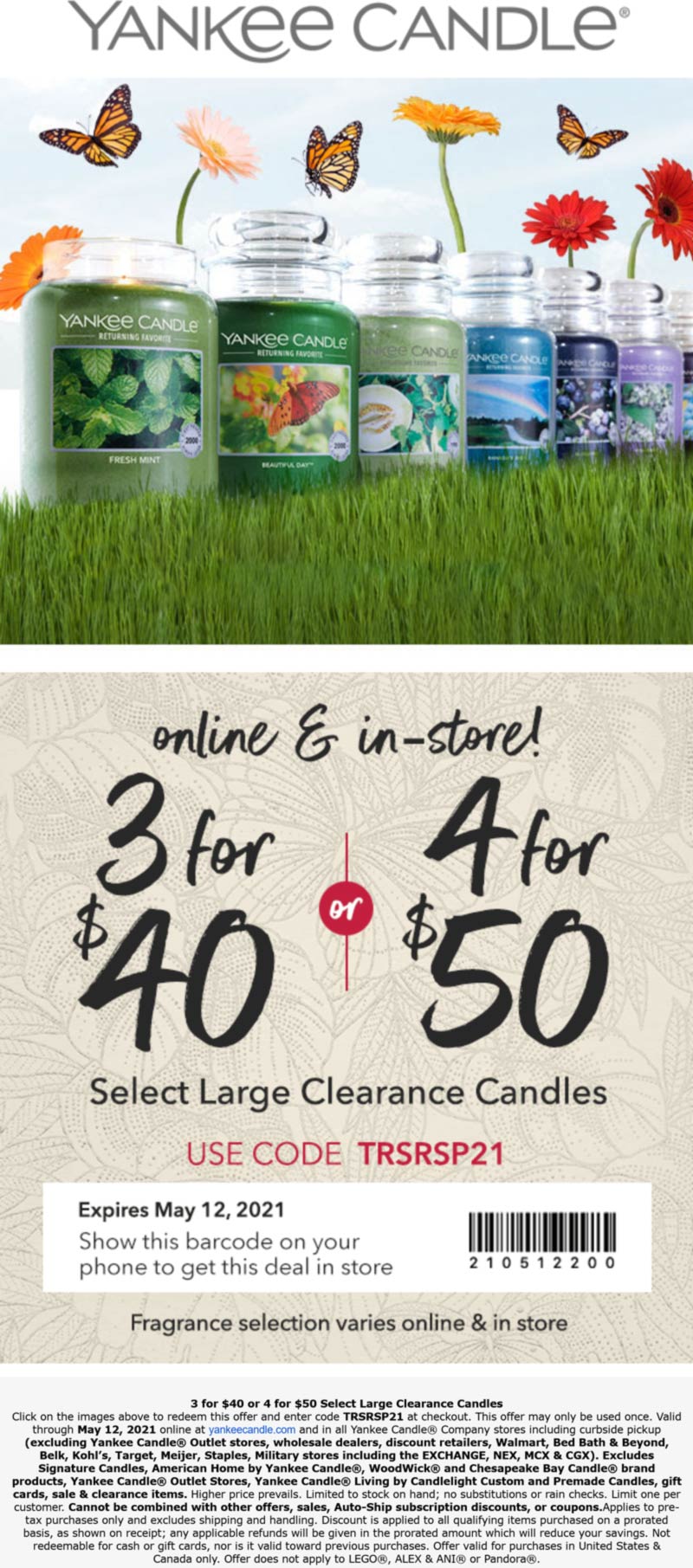 Yankee Candle stores Coupon  Large candle clearance 3 for $40 & more at Yankee Candle, or online via promo code TRSRSP21 #yankeecandle 