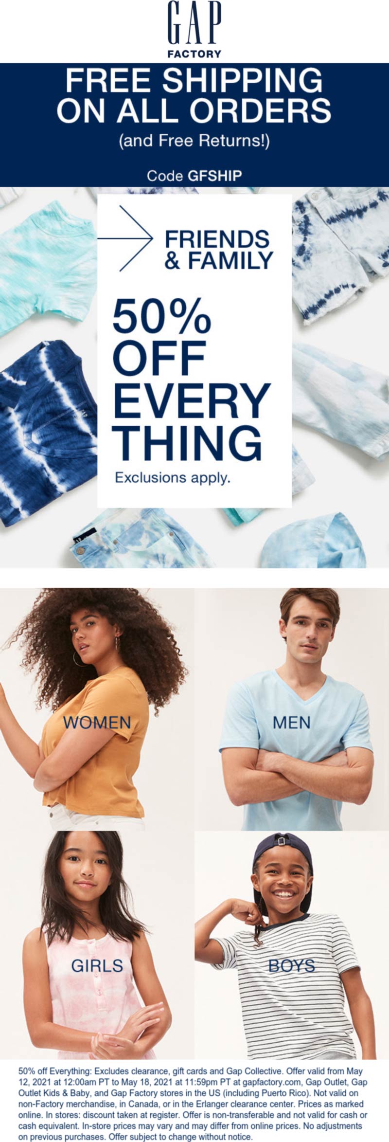 Gap Factory stores Coupon  50% off everything online at Gap Factory with free shipping via promo code GFSHIP #gapfactory 