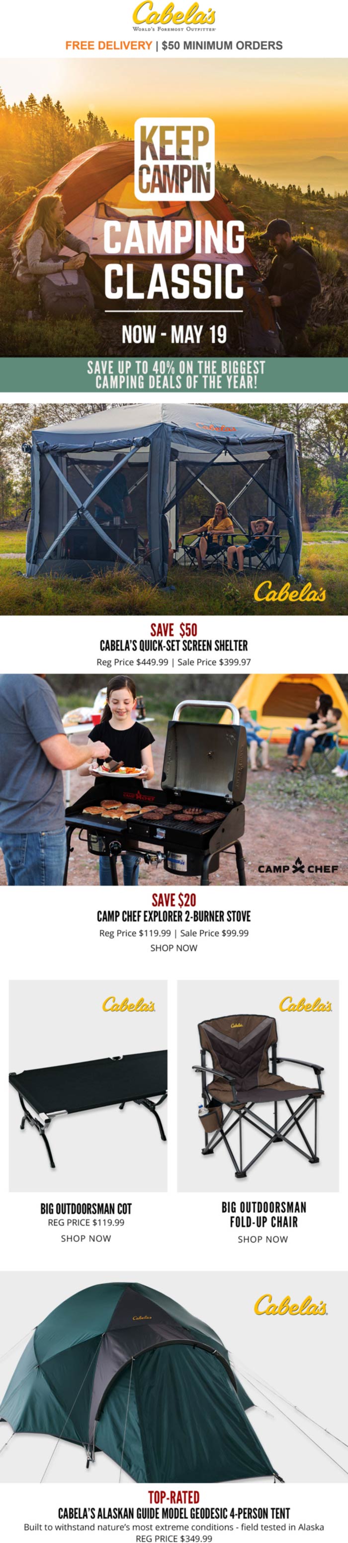 Various 40 off camping deals at Cabelas outdoors outfitter cabelas