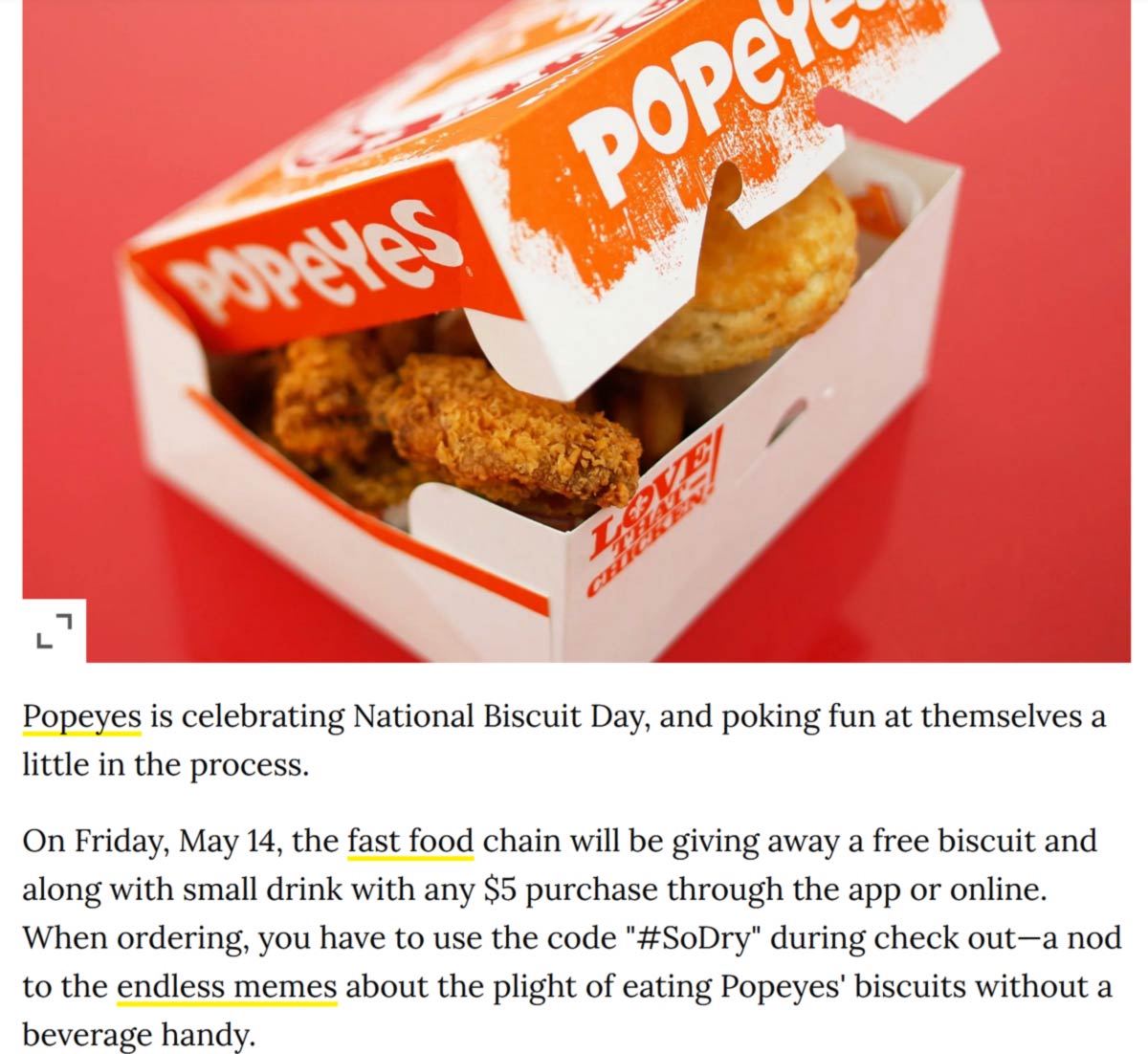 Popeyes restaurants Coupon  Free bisuit & drink with $5 spent Friday at Popeyes restaurants mentioning code #SoDry #popeyes 