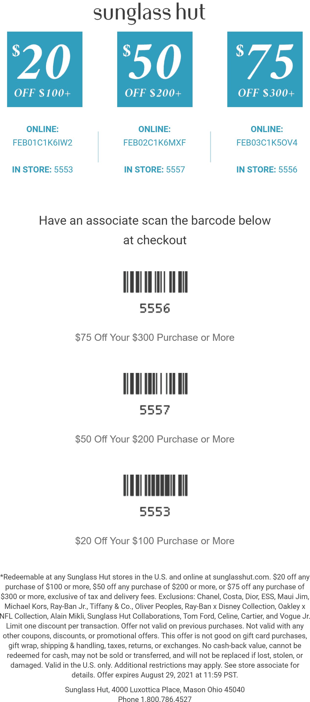 [April, 2022] $20 off $100 & more at Sunglass Hut, or online via promo